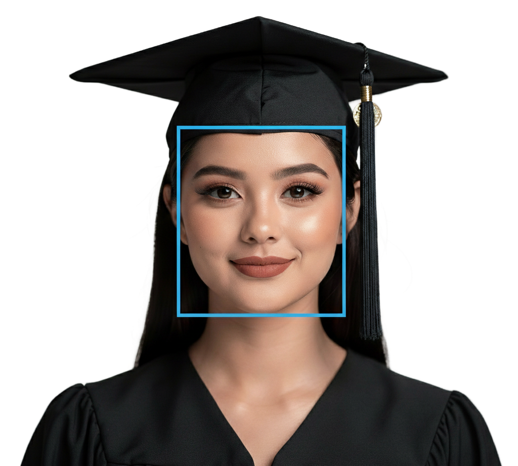 Reconhecimento facial com destaque em rosto em foto de formatura
